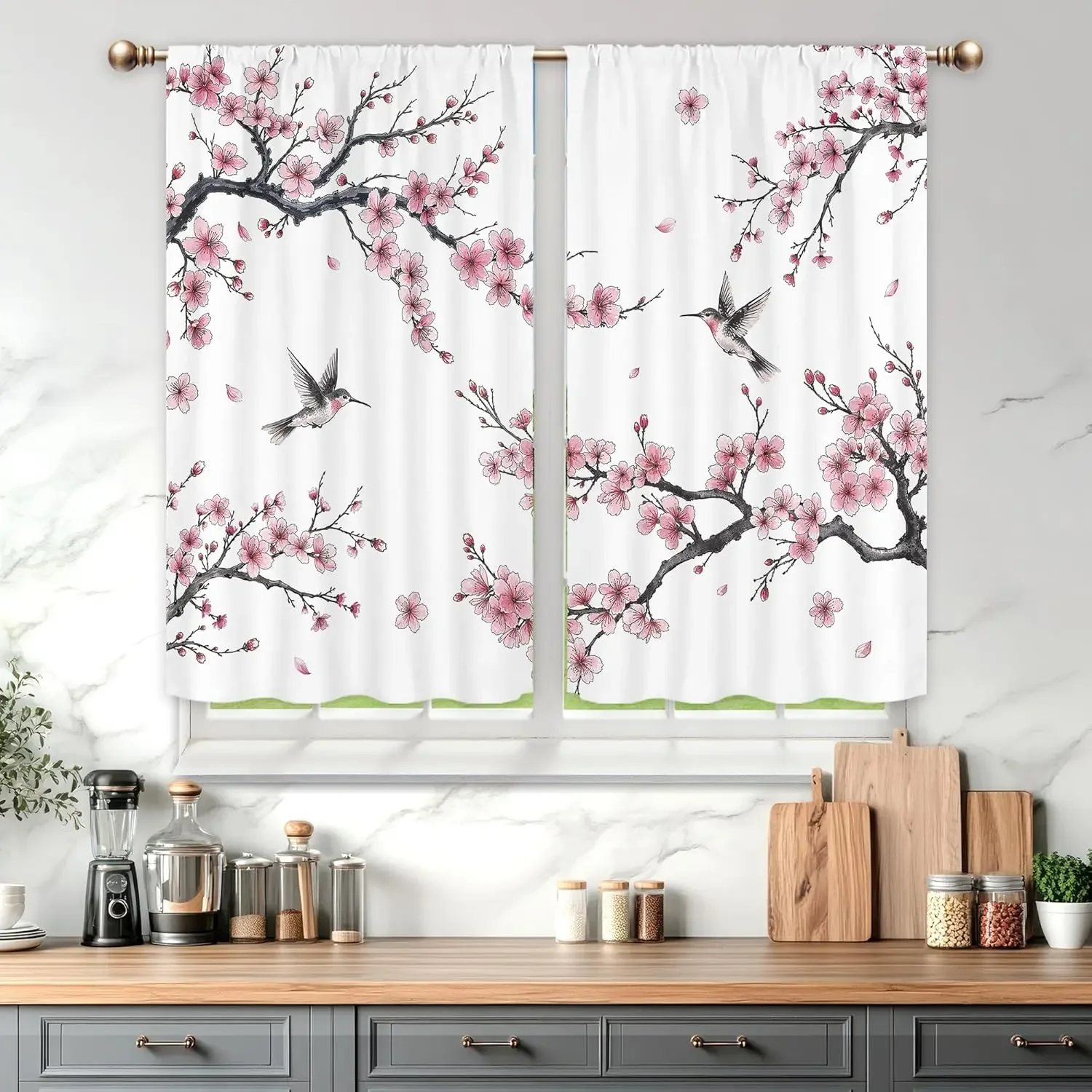 Cherry Blossom Hummingbird Curtains Japanese Floral Branch Print for Living Room Bedroom Window Decor