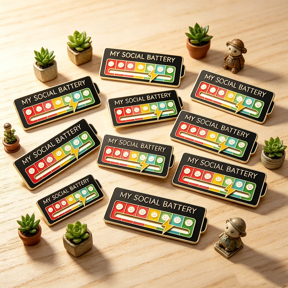 FTCY  Slideable My Social Battery Brooch Set For Women Men Creative Mood Conversion Energy Brooch Jewelry Wholesale