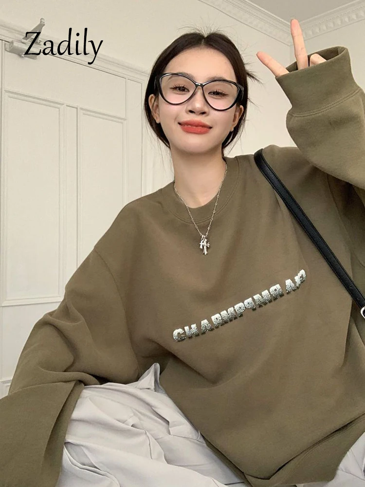 Zadily 2023 Autumn Minimalist Long Sleeve Women Pullover Korea Style Oversize Letter Embroidery O Neck Sweatshirt Casual Tops