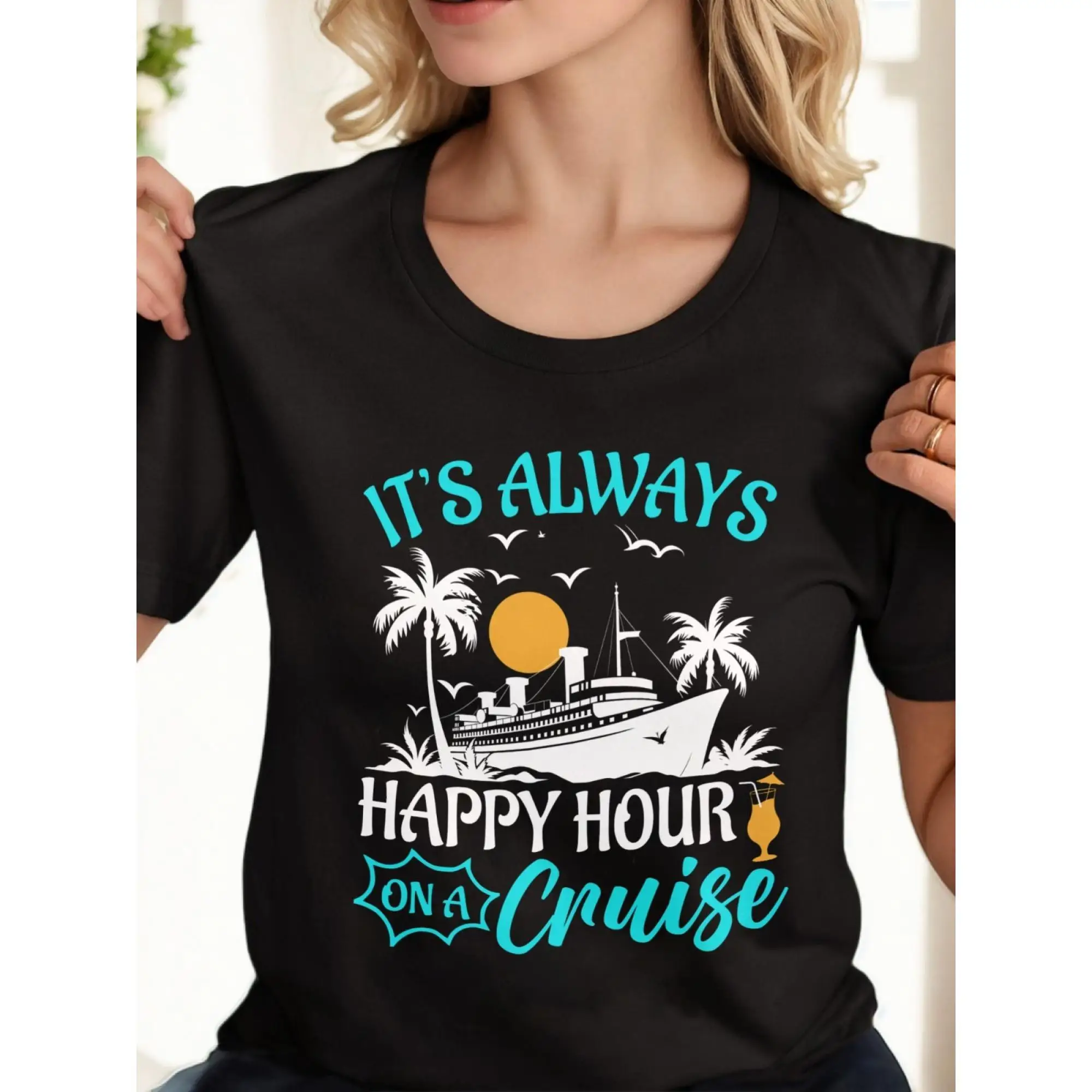 

Women's Crewneck T-shirt Casual Cruise Happy Hour Graphic Tees Vacation Beach Holiday Short Sleeve Tops