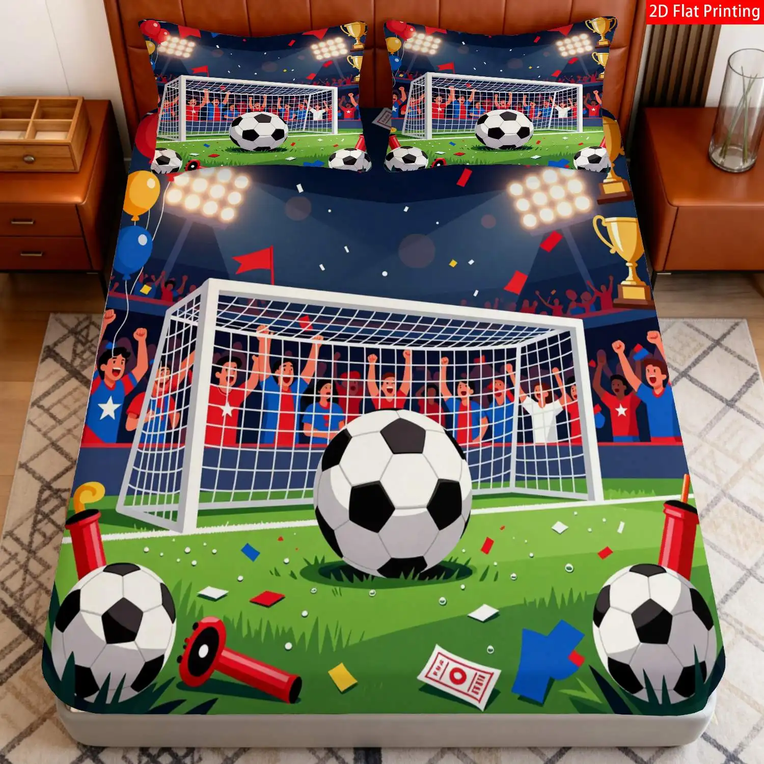 Customize 2/3pcs 2D Flat Printing Fitted Sheet + Sports Style, Football Theme Bedding, Green/Blue/Red, Soccer Ball/Stadium/Troph