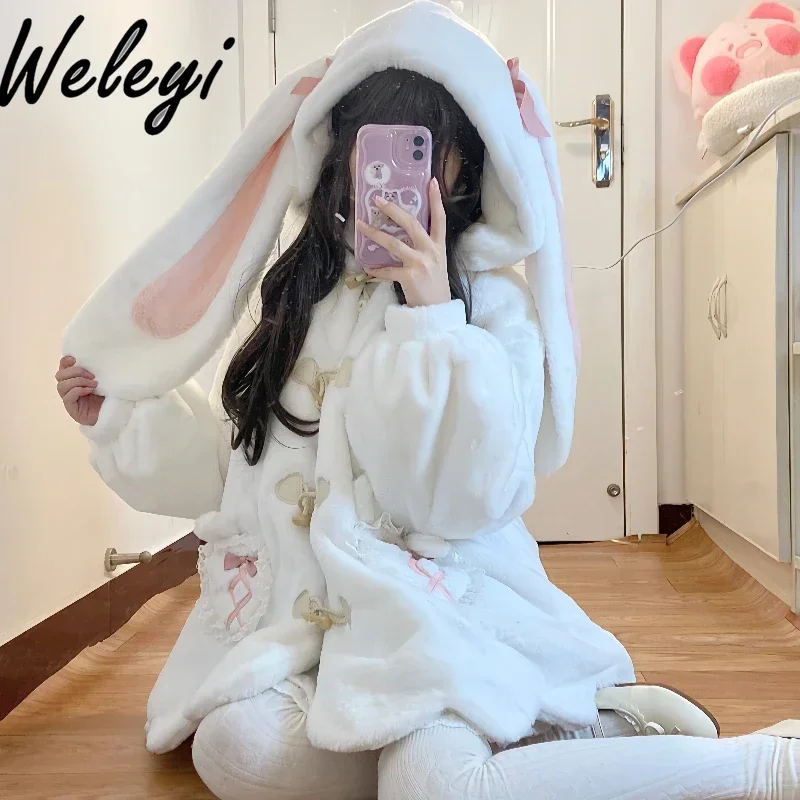 

Japanese Lolita Cute Rabbit Ears Plush Coat Female 2024 Autumn New Soft Girl Warm Long Sleeve Bow Hooded Flurry Coats Student