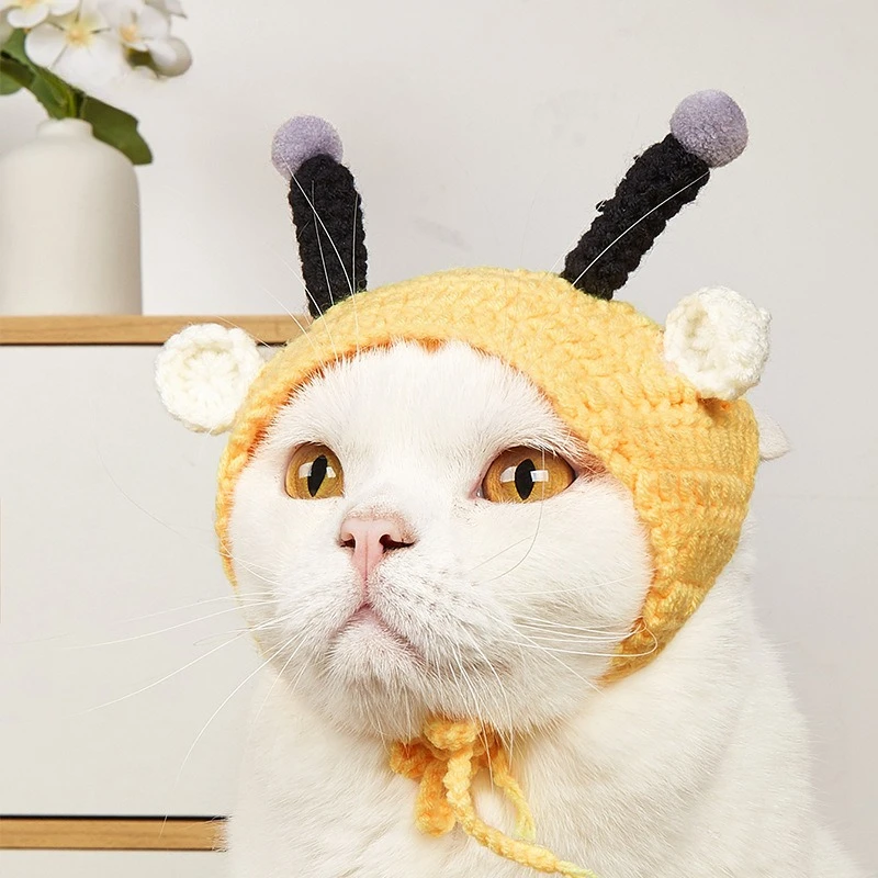 Dog Cute Cross-dressing Pet Hat Cat Headdress Hand-knitted Dog Hat Elastic Warm Autumn and Winter Pet Accessories