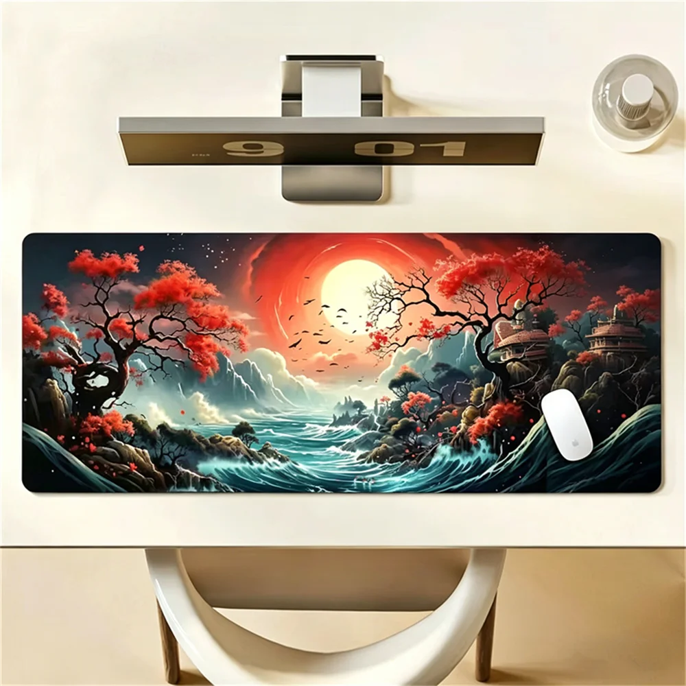 Large Extended Desk Mat Orange-Red Cherry Blossom Gaming Mouse Keyboard Pad Cherry Blossom Non-Slip Rubber Mouse Pad