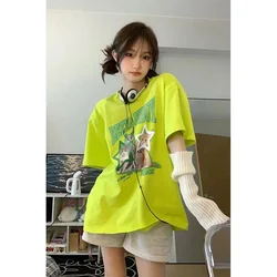 Cotton Summer Fluorescent Green Short sleeved T shirt for Women Summer New American Retro Trendy Brand Printed Casual Y2k Top