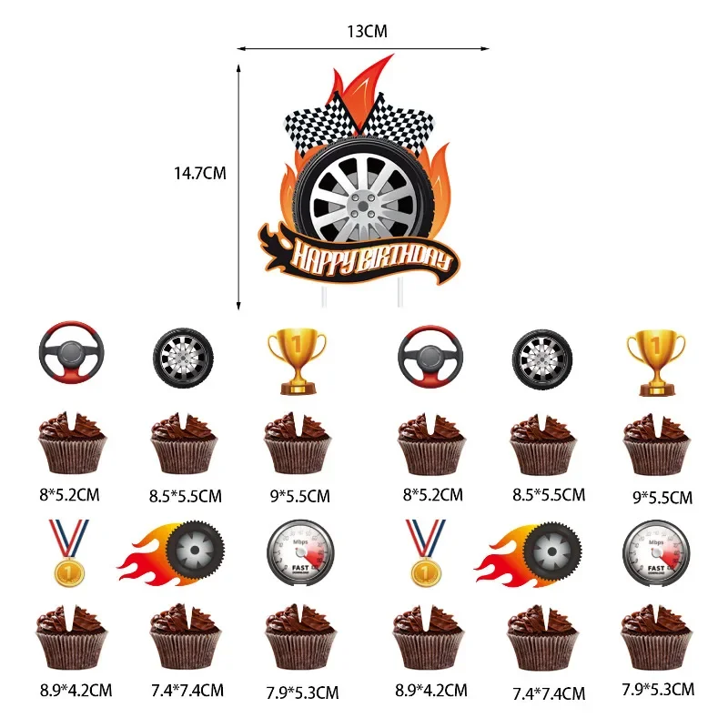 Black & White Checkered Racing Themed Birthday Party Decoration Set with Swallowtail/Triangle Flags Cake Toppers Spiral Pendant