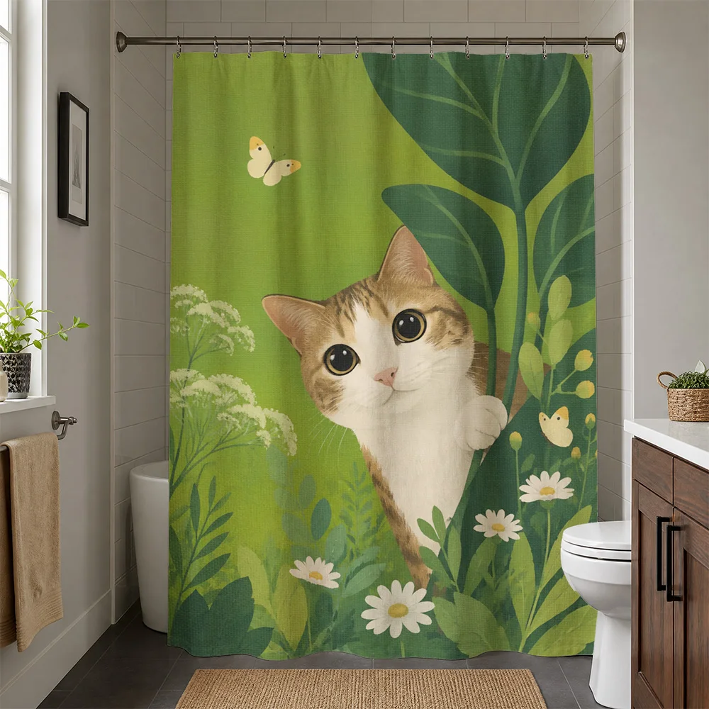 Cute Cat and Spring Flowers Shower Curtain Bathroom Decor Tropical Greenery Pet Lover Gift Idea