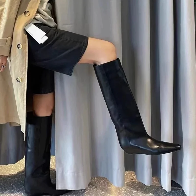 Fashion Women's Knee High Boots Pointed Toe Wedges Wearproof Femme Retro Knight Boots Outdoor Breathable Lady Stylish Long Boots