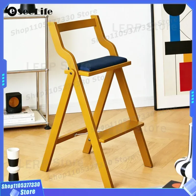 Retro Solid Wood Ladder Bar Chair Foldable High Stool for Small Apartment Kitchen Island Medieval Style Household Seating
