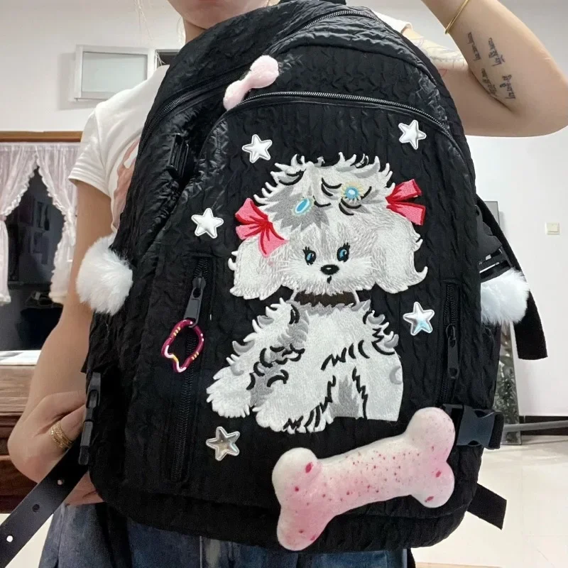 Xiuya Kawaii Dog Print Womens Backpack Bow Tie Y2k Spice Girls Designer Bag Black Casual College Style High Capacity Backpack