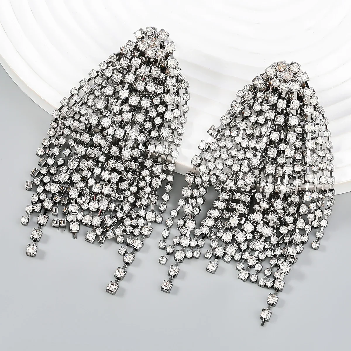 Elegant Long Tassel Drop Earrings Women's Fashion Rhinestone Studded Statement Geometric Shape Copper Material for All Party