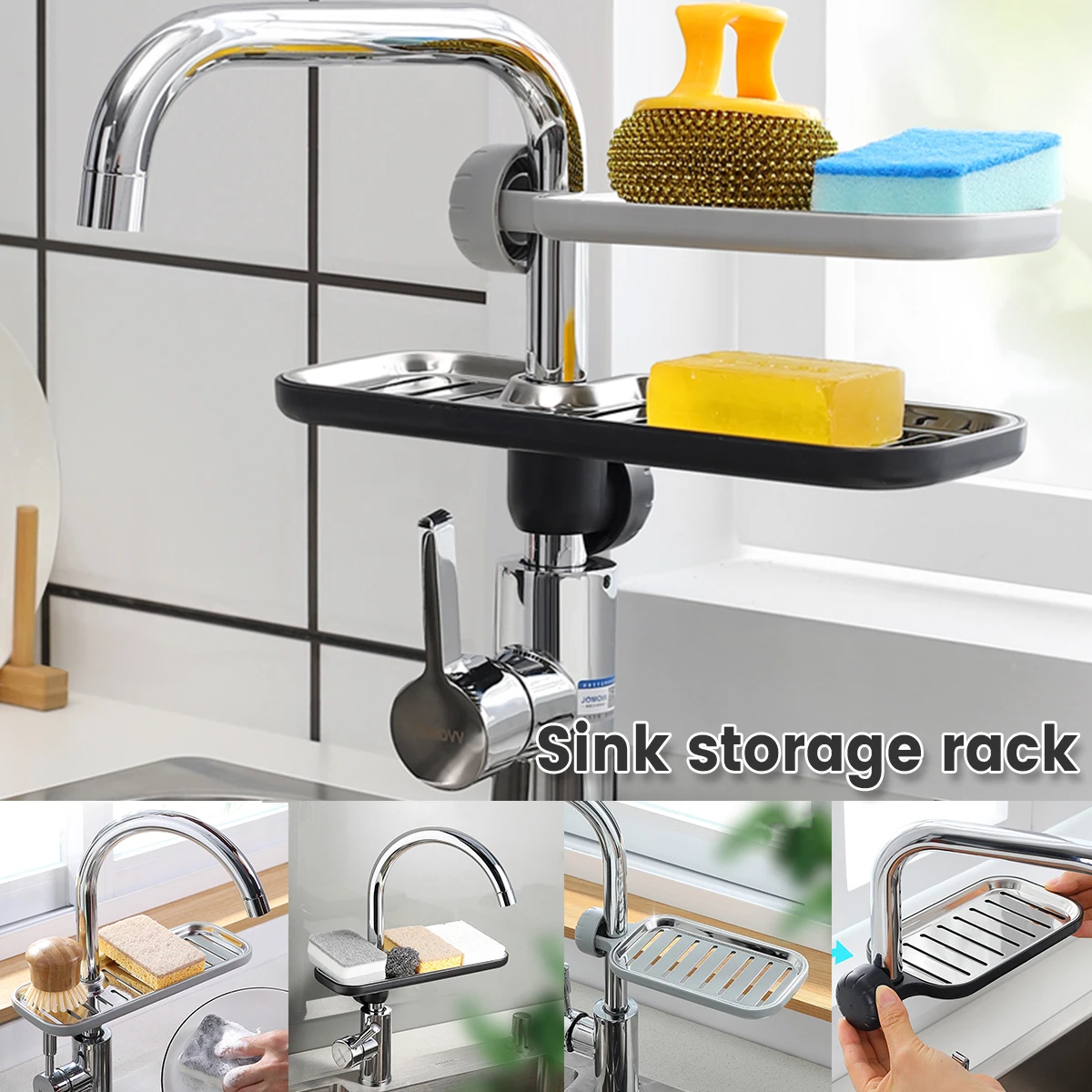 

Stainless Steel Sink Organizer Sponge Soap Holder Faucet Shelf Dishcloth Towel Rack Adjustable Bathroom Kitchen Organizer