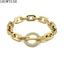 316L Stainless Steel Paperclip Links Bracelets With Cubic Zirconia T Toggle Clasp Waterproof Wristband Punk Hip Hop Jewelry