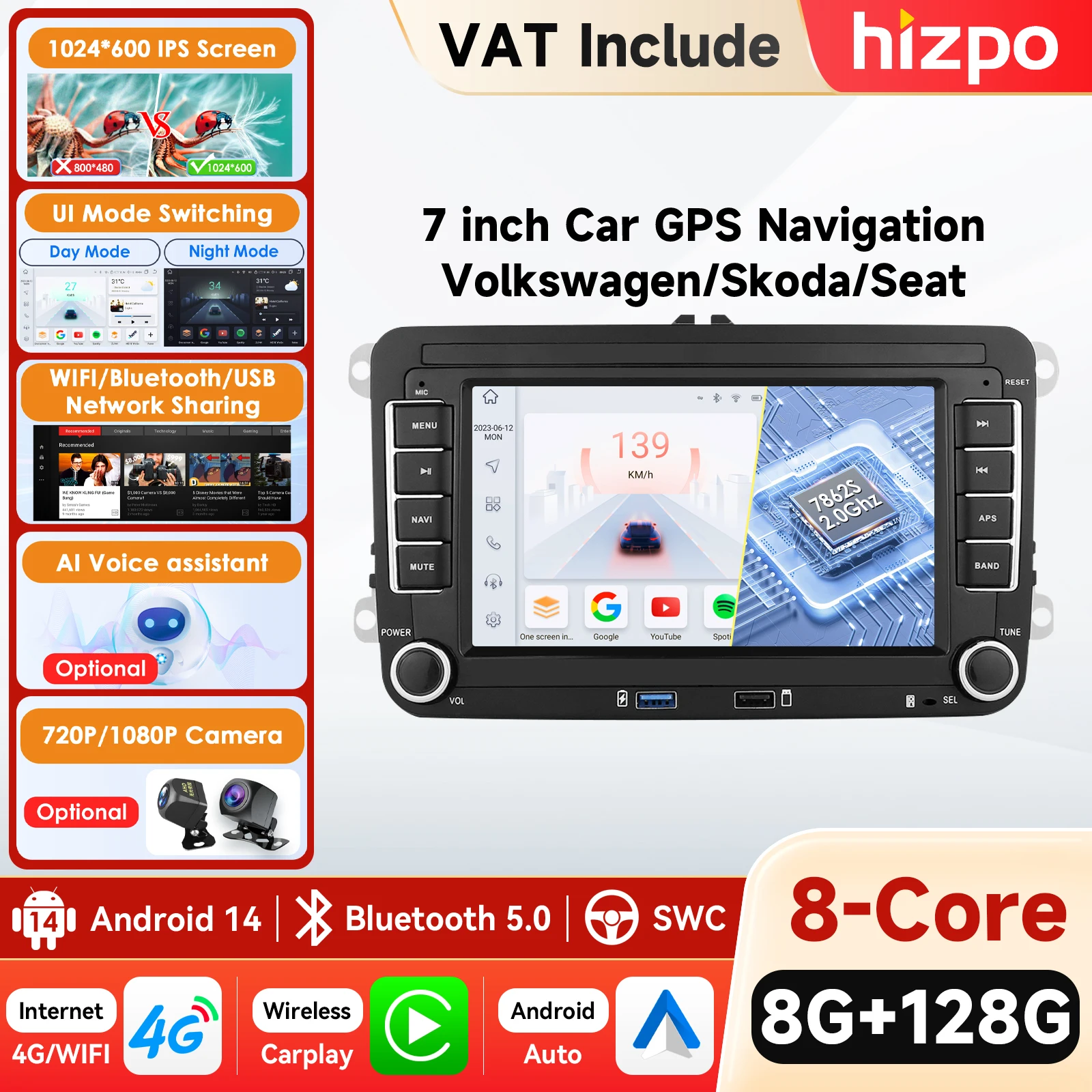 Radio de Coche con Carplay Android 14 y GPS para VW POLO GOLF 5 6 Plus PASSAT B6 JETTA TIGUAN TOURAN SHARAN SCIROCCO CADDY Seat, Sistema de Audio Estéreo