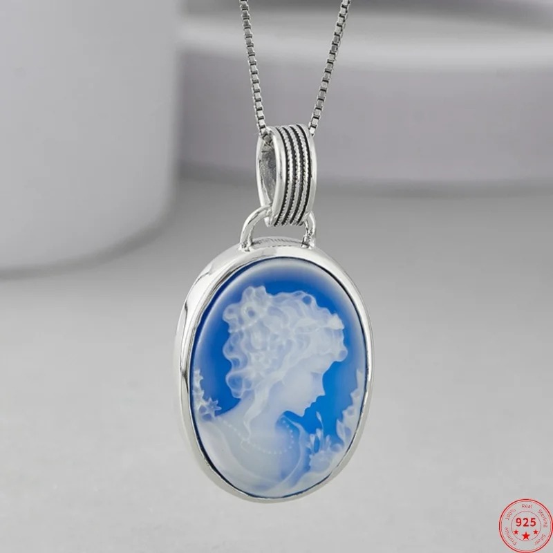 S925 Sterling Silver Charms Pendants for Women Men New Fashion Oval Blue Agate Girl's Head Sculpture Jewelry Free Shipping