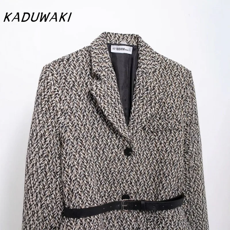 KADUWAKI Fashion Woolen Y2k Medium Short Jackets Women's Retro Autumn Collar Long Sleeve with Belt Loose Casual Commuter Blends