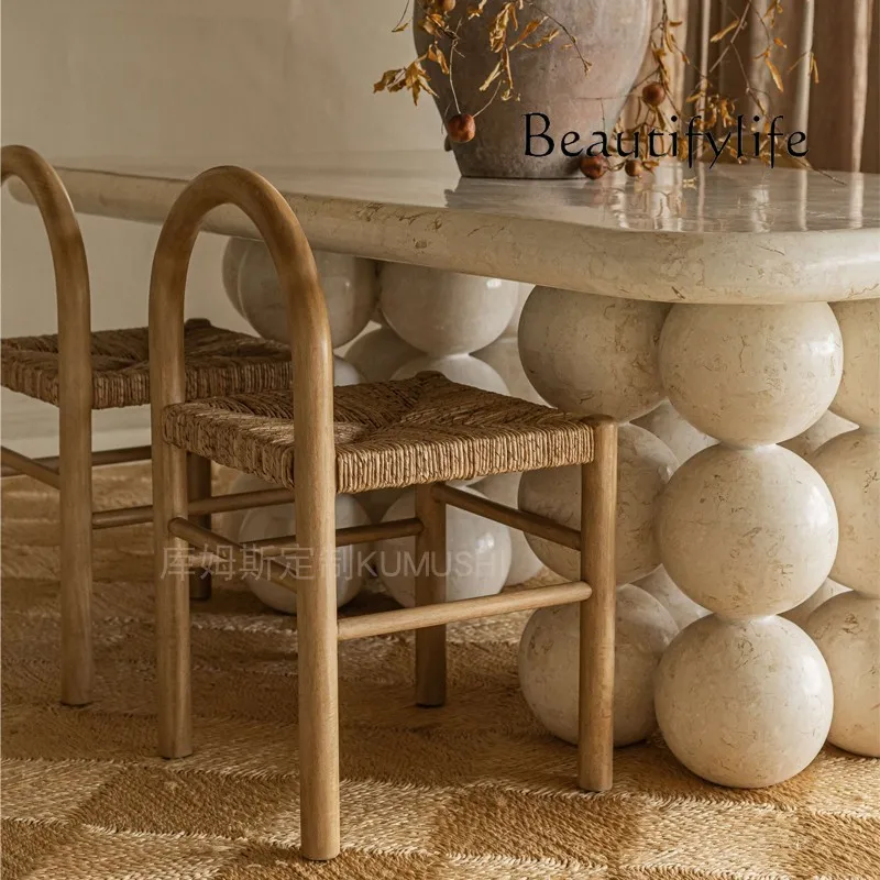 Natural marble French dining table antique spherical leg design villa restaurant rectangular personalized dining table