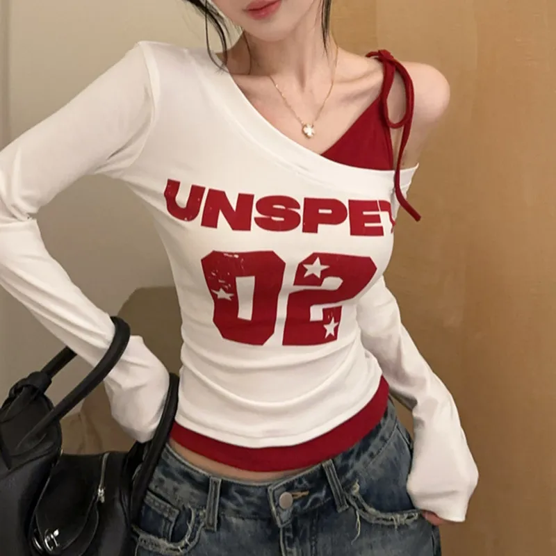 American Style Hot Girl Shoulder Bared Belted Color Block Long Sleeve T-Shirt Women Spring Autumn Sweet Cool Print Slim Fit Top