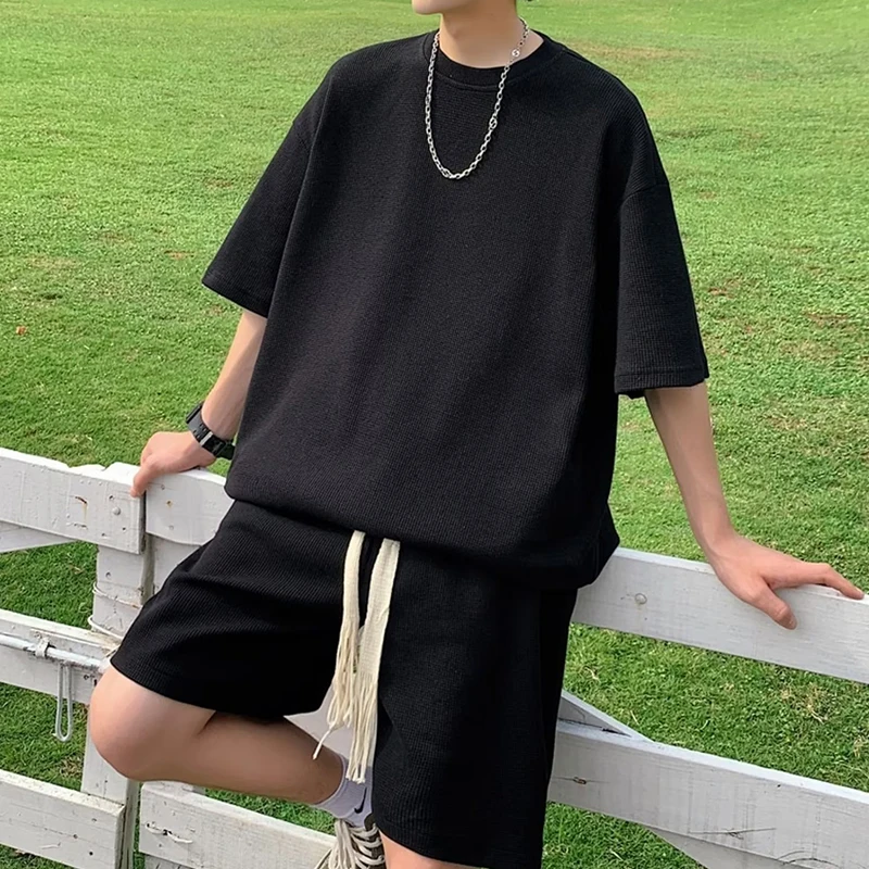 Summer Oversized Tracksuit Men Loose Jogging Waffle Suit Men Loose Short Sleeve Tshirt + Shorts 2pcs Sets Casual Fashion Outfits