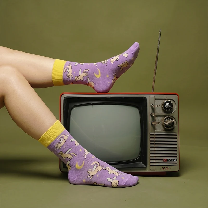 1 Pair, Unisex, Light Purple Background with Angel Cat and Star-Moon Pattern, Yellow Contrast Ribbed Cuff, Polyester, Breathable, Fun, Mid-Calf Socks, Suitable for Everyday Wear