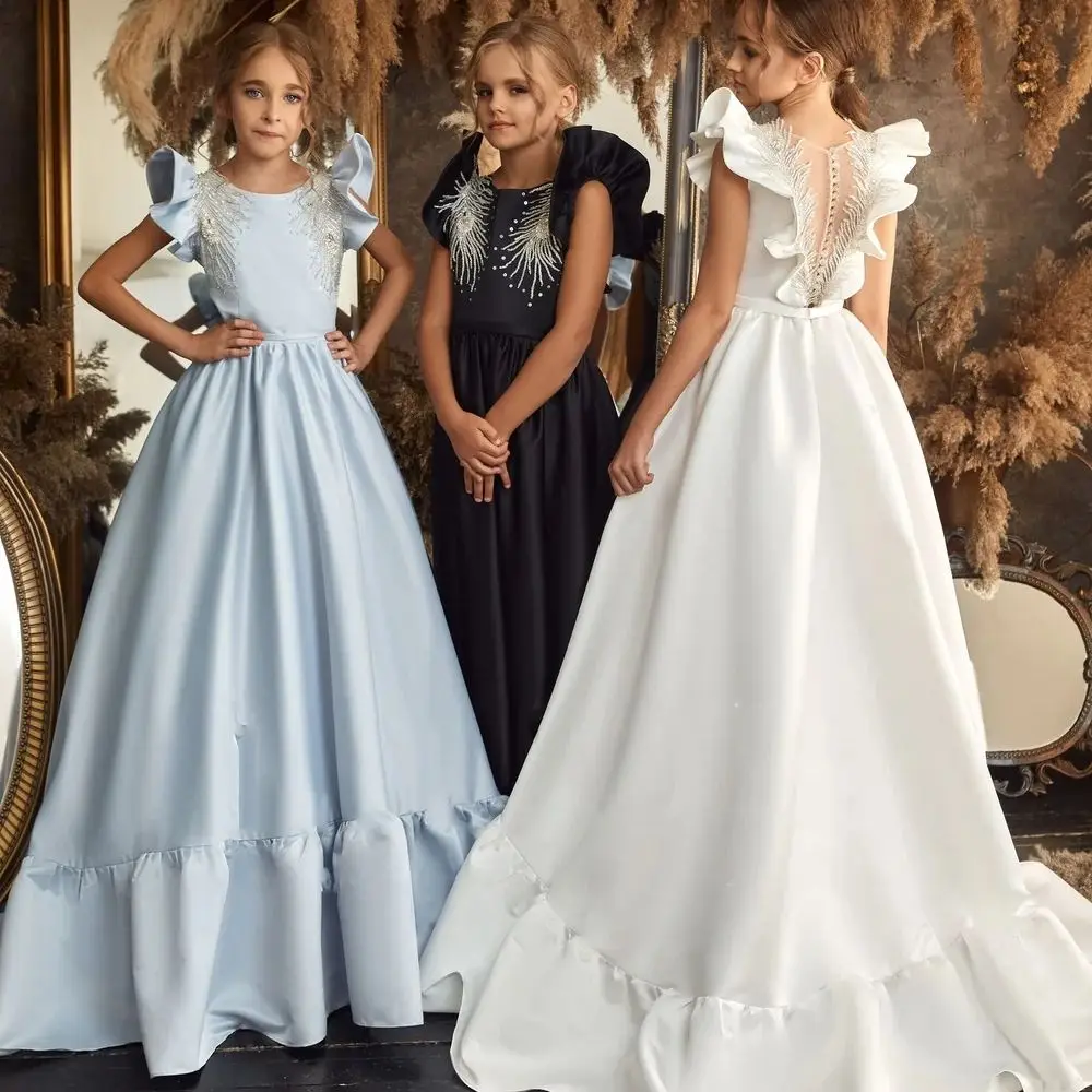 

Sky Blue Flower Girl Dresses For Weddings A-line Scoop Satin Ruffled Long First Communion Dresses Little Baby Kids