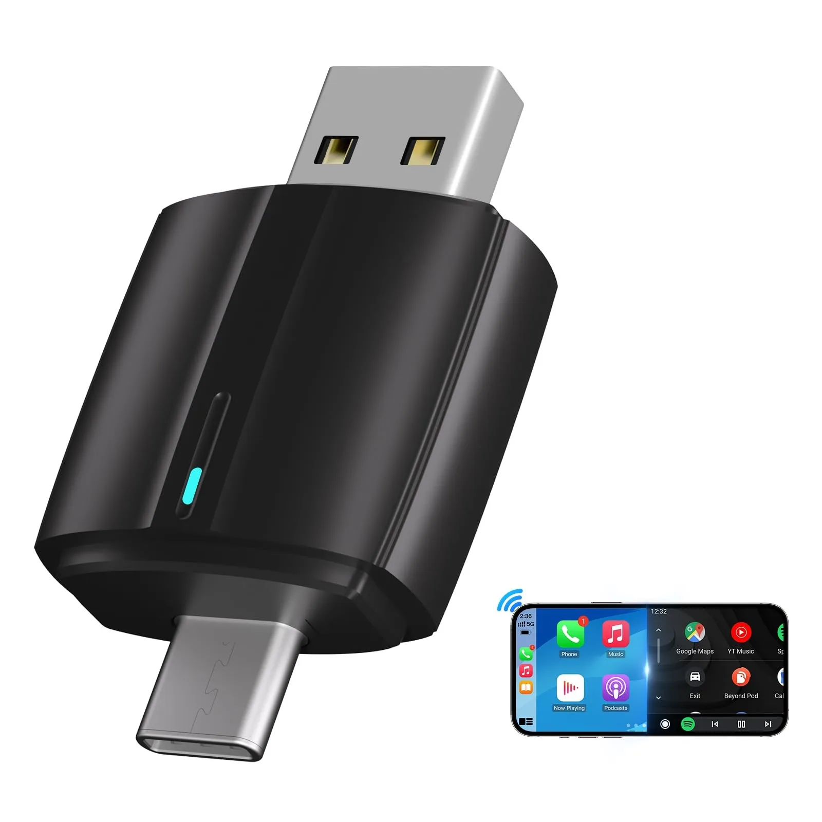 2 in 1 Wireless CarPlay Android Auto Adapter for IPhone, Mini Size USB-A Type-C Plug Design, Car Audio & Video Plug & Play