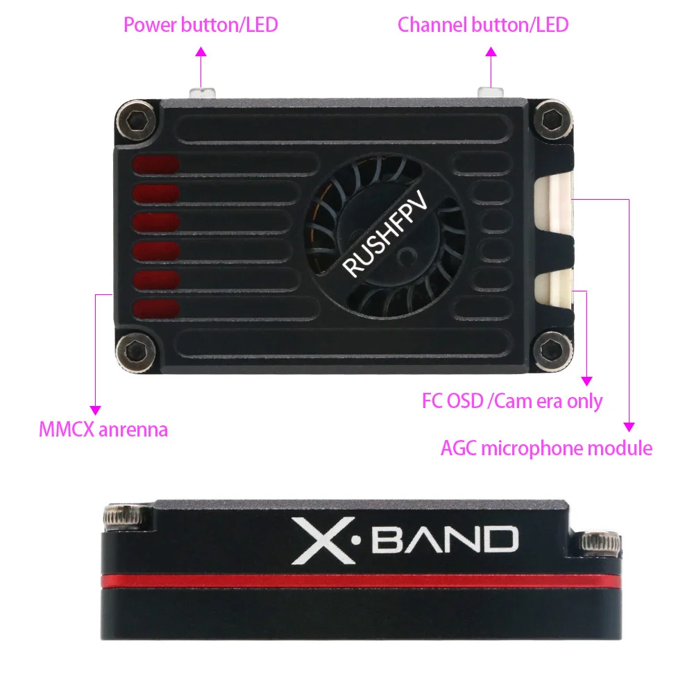

RUSHFPV MAX SOLO XBAND 4.9G 2.5W 8CH Transmitter VTX 4.9Ghz CNC Shell Built-In Cooling Fan For RC FPV Range Racing Drone Model