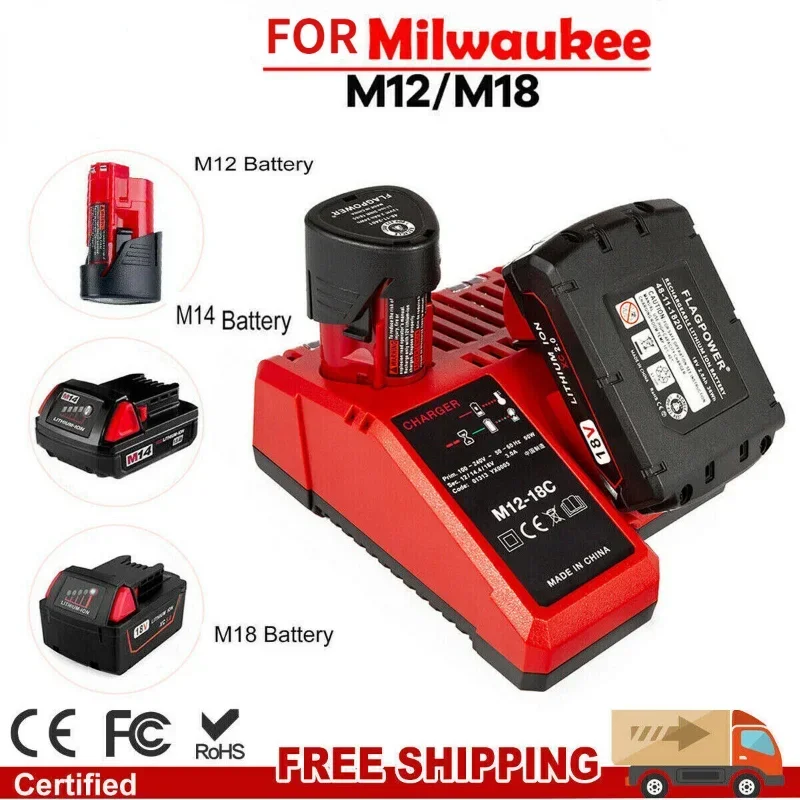 Replace 3A 12V 14V 18V Rapid Fast Li-Ion Charger Fit For Milwaukee M12-18C Dual Port Multi-Voltage Lithium-Ion Battery M12 M18