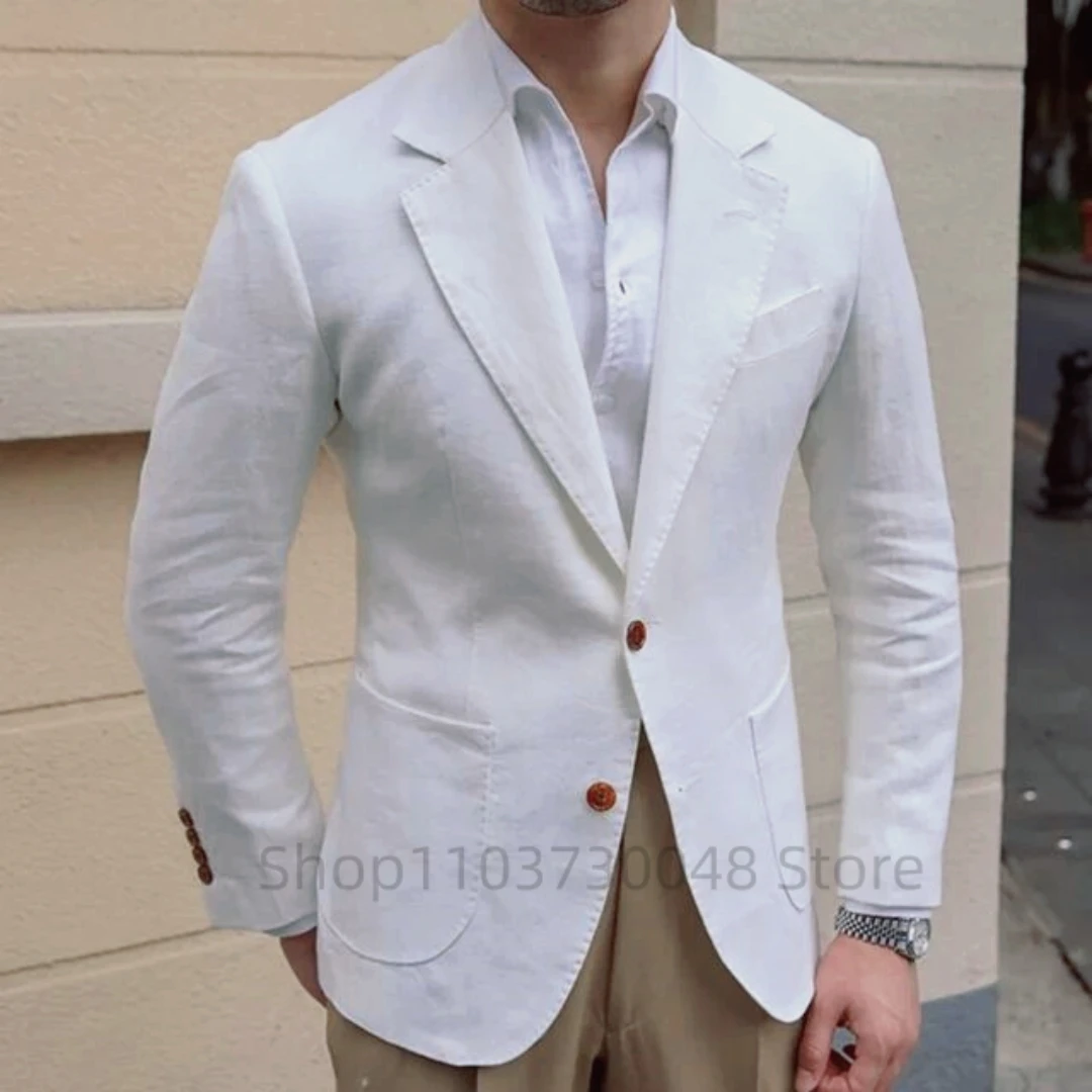 

Повседневные белые льняные костюмы, блейзер для мужчин, куртка с лацканами и двумя пуговицами, облегающий свадебный деловой костюм, летнее пальто