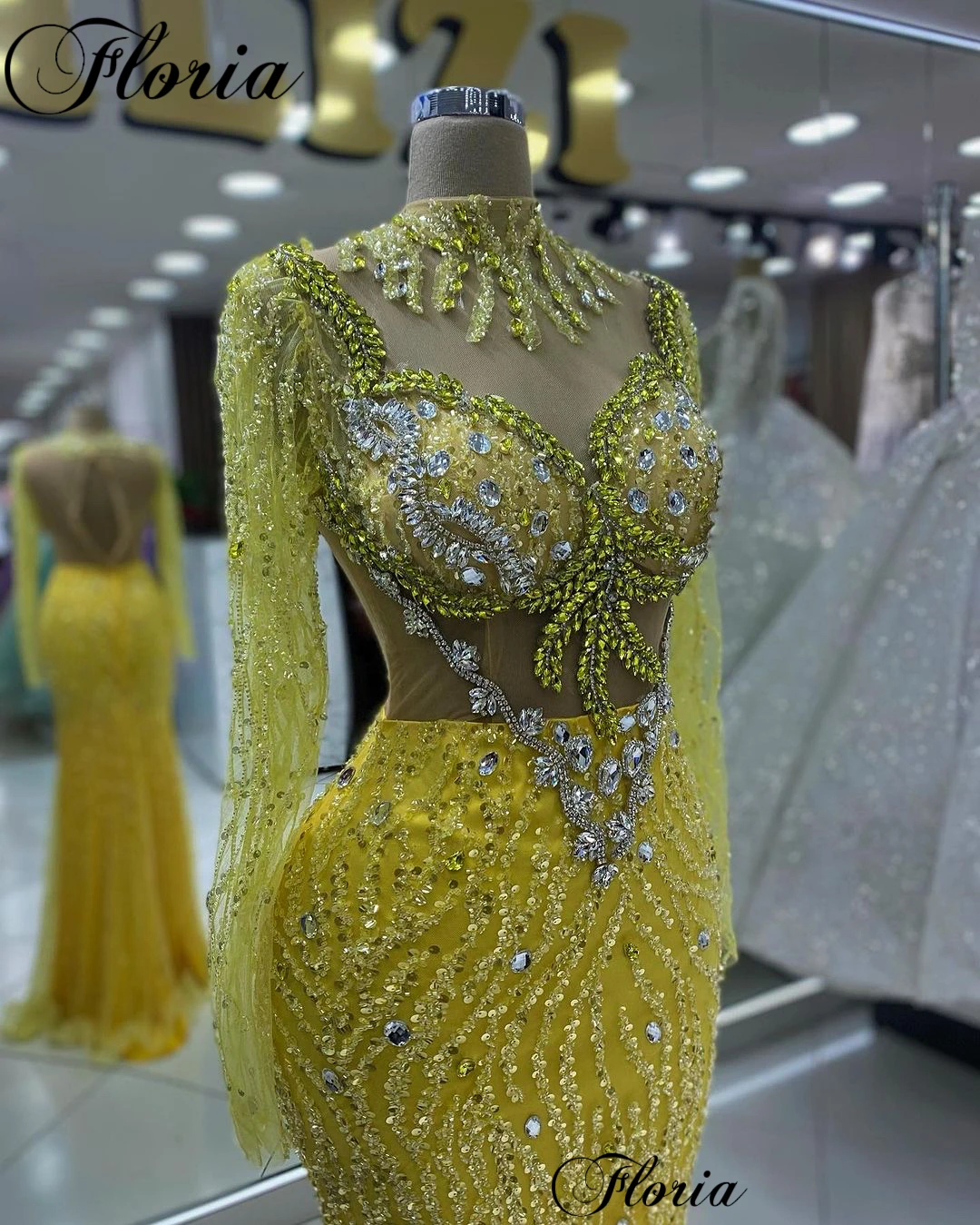 Robe de Soirée Jaune à Paillettes, Tenue à Manches sulfet Col Haut, pour Cérémonie de Récompense, Célébrité