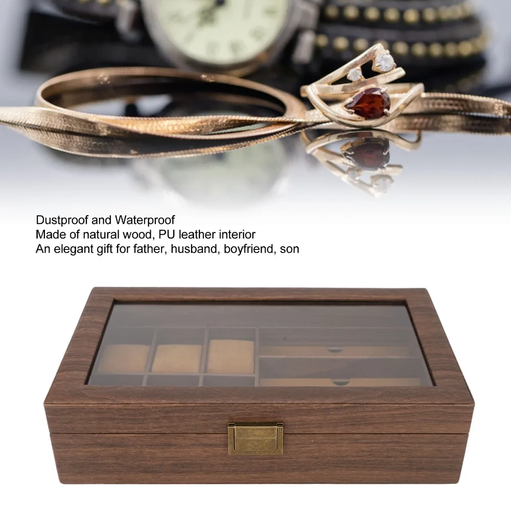 Wood Grain Watch Storage Box Transparent Glass Lid Multi Slot Jewelry Organizer Box Soft Inner Lining Metal Latch