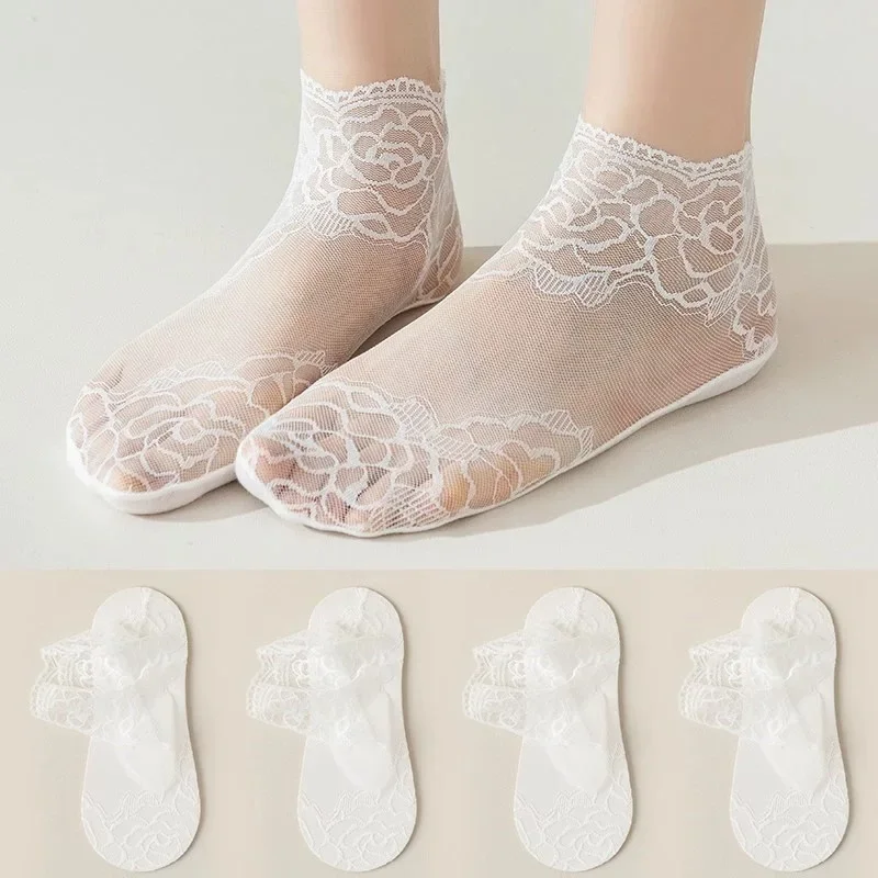 1/5pairs Hollow Non-slip Boat Socks Women Girls Sweet Invisible Lace Flower Sock Sexy Female Hosiery Short Ankle Sox Slippers