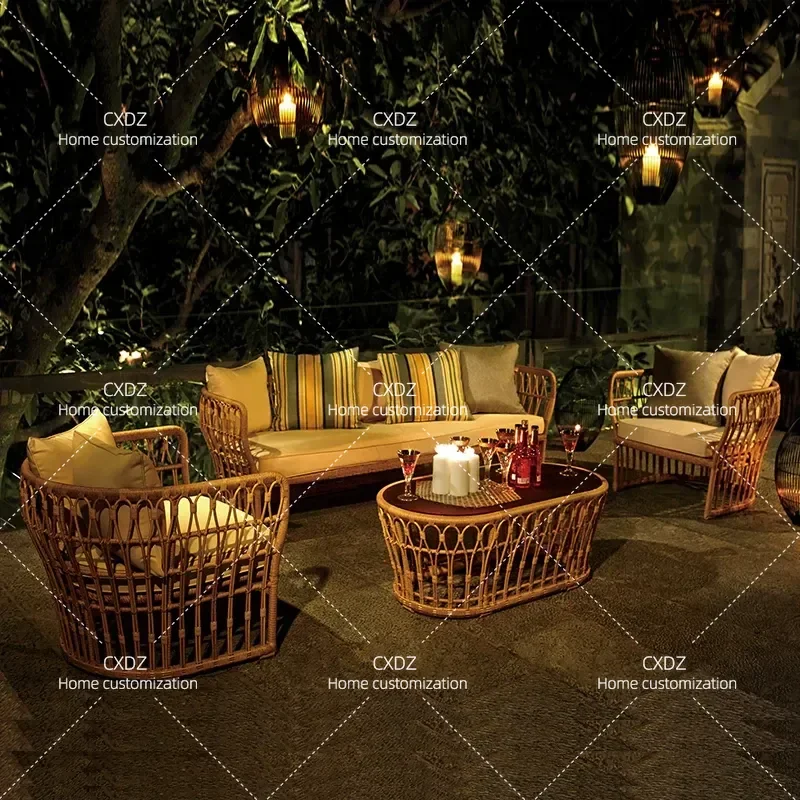 Outdoor Rattan Sofa Set with Coffee Table PE Wicker Patio Furniture for Garden Terrace Balcony Leisure Single Double Seating
