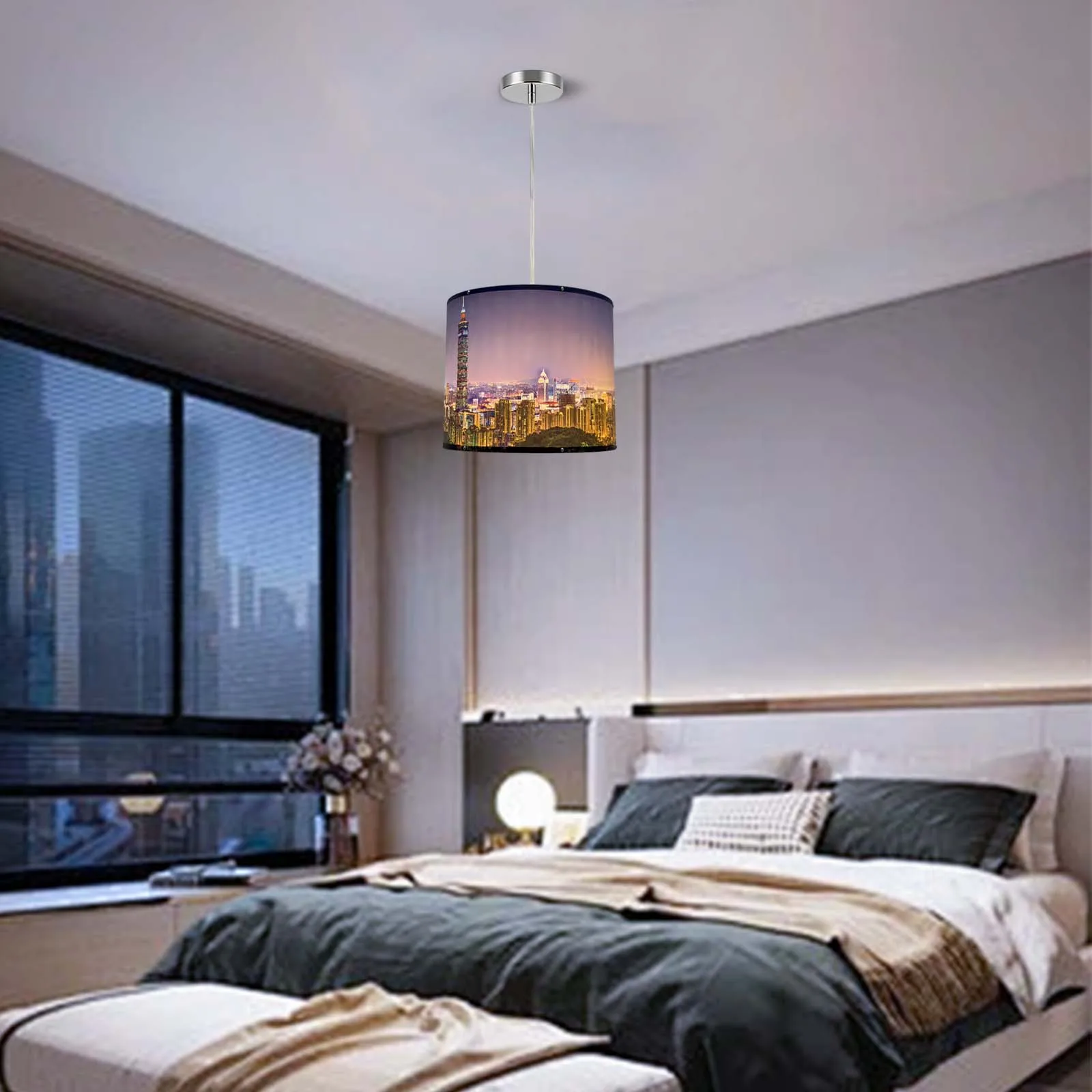 Cityscape Pendant Lighting,14in Modern Drum Hanging Ceiling Light with Electroplated Frame, Adjustable Height E26 Base Pendant L