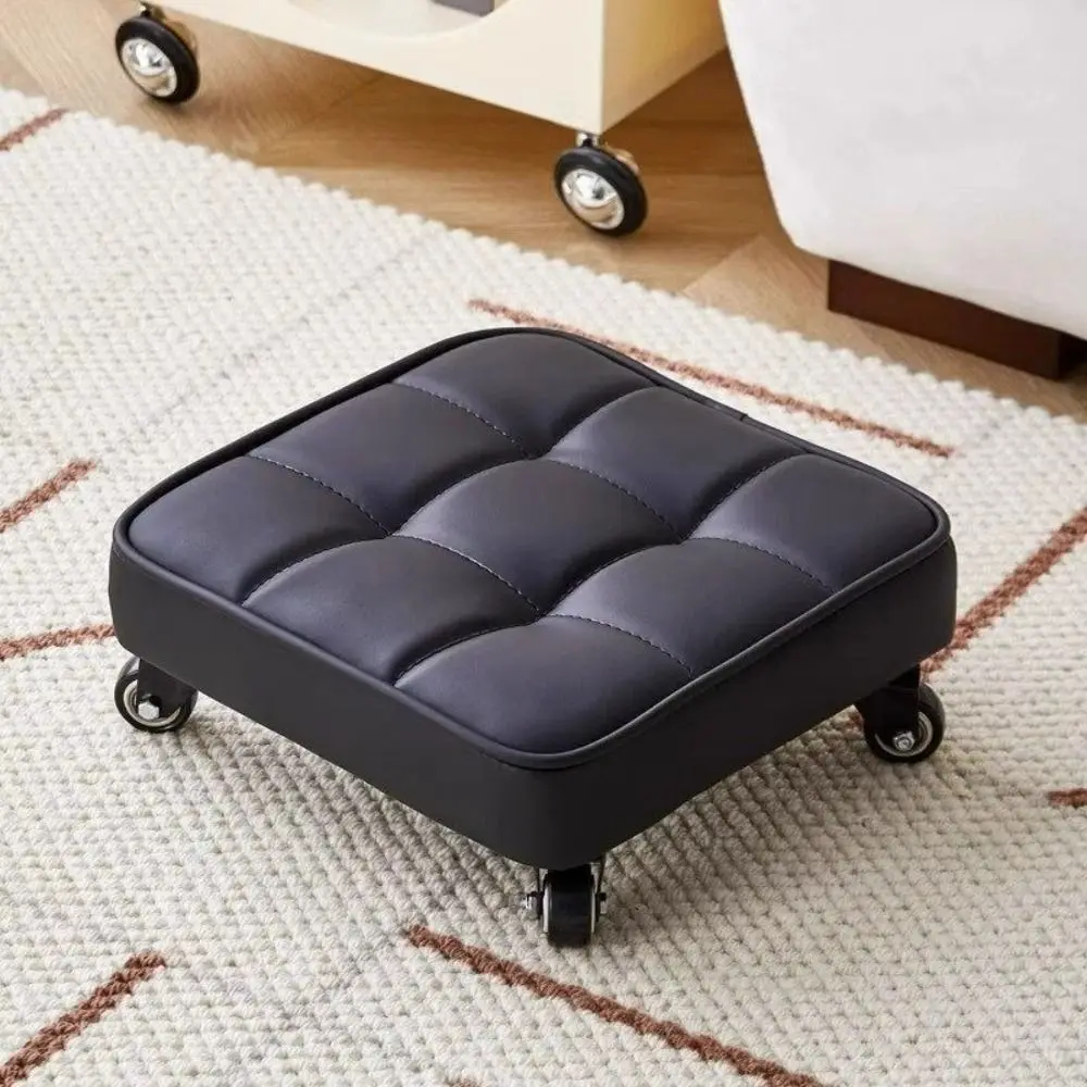 Low-Height Upholstered Swivel Caster Stool Rounded Edges Stitched Low Sliding Bench 360° Portable