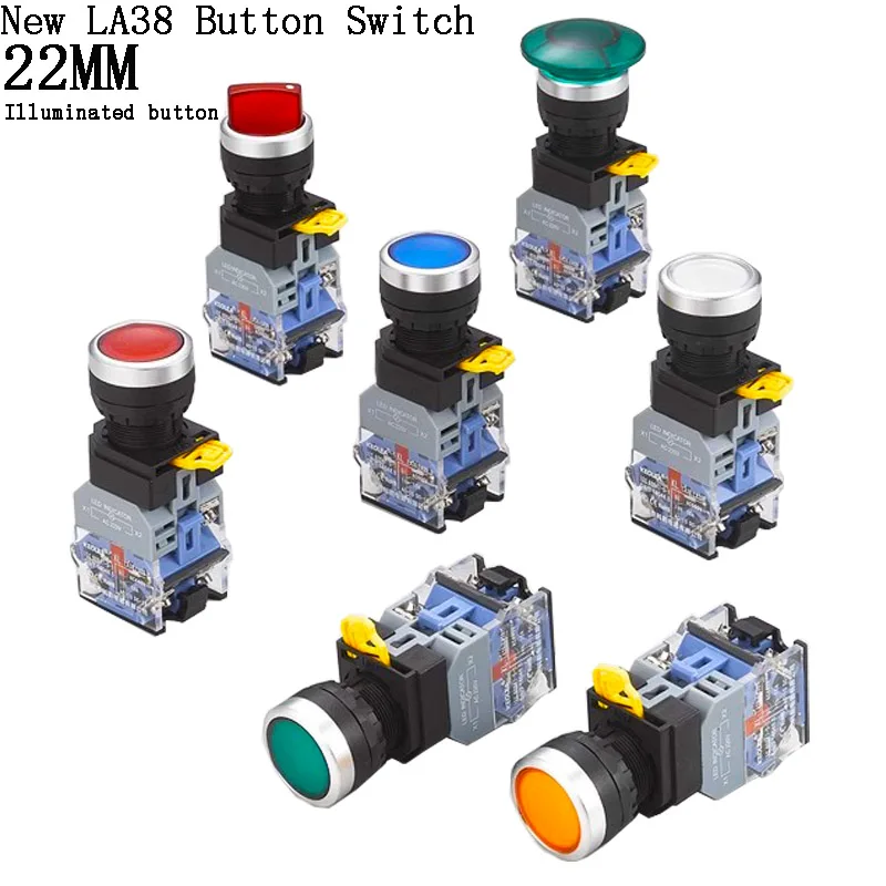 

22mm LA38 illuminated Pushbutton Switch Self-Locking Reset Flat Head Jog Switch 24 220V Red Green Start Mushroom Knob With light