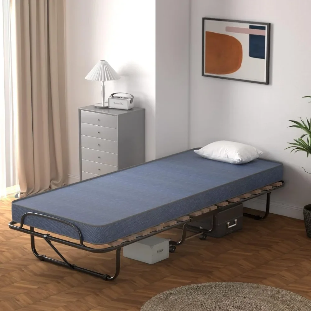 Folding Bed With Mattress, Rollaway Guest Bed Design, Memory Foam Comfort, Sturdy Metal Frame