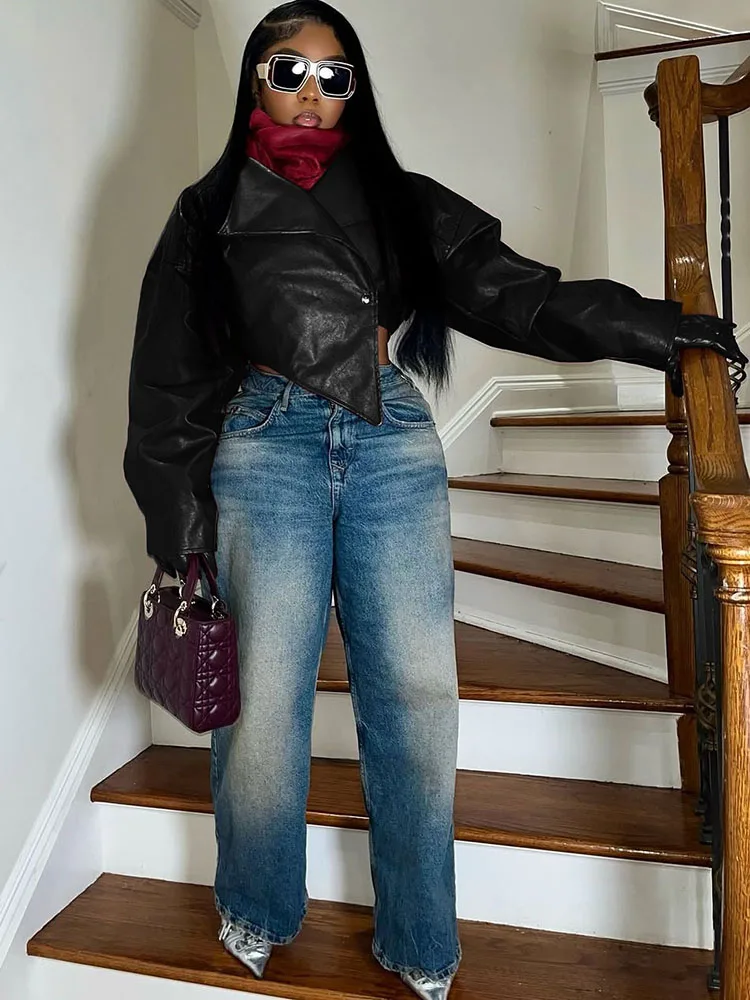 kliou PU Leather Women Jackets Cool Simple Solid Full Sleeve Irregular Lapel Slim Crop Coats Female Casual Streetwear Outwear