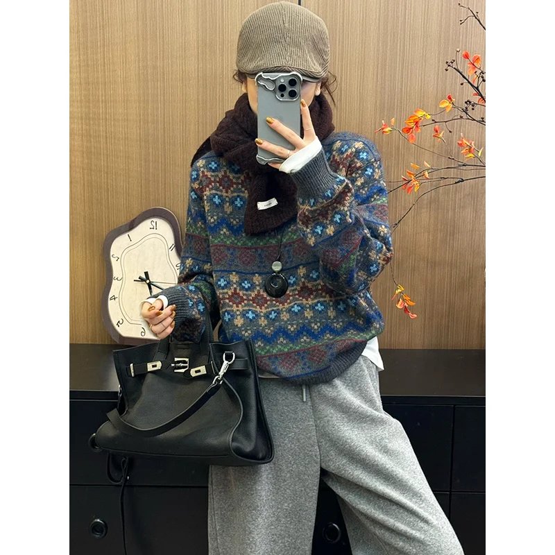 

Женский вязаный свитер с круглым вырезом, винтажный жаккардовый узор, повседневный женский осенний вязаный пуловер 90-х годов с длинными рукавами