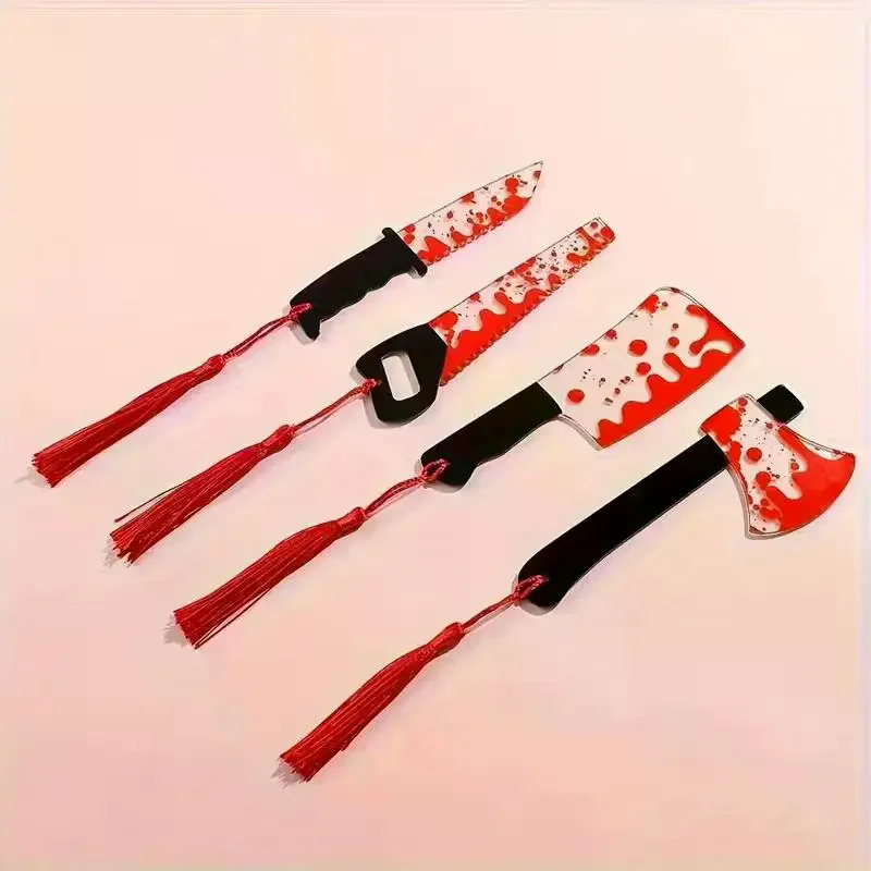 /HTF/Knife Clear Acrylic Bookmark With Tassel, Halloween Themed Series Chopper Saw With Blood, Halloween For Bookworms Horror