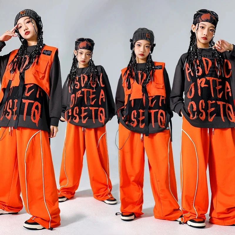 Boys Hip Hop Cool Sweatshirt Vest Cargo Pants Girls Fashion Jazz Street Dance Costume Children Clothes Set Kids K-pop Streetwear
