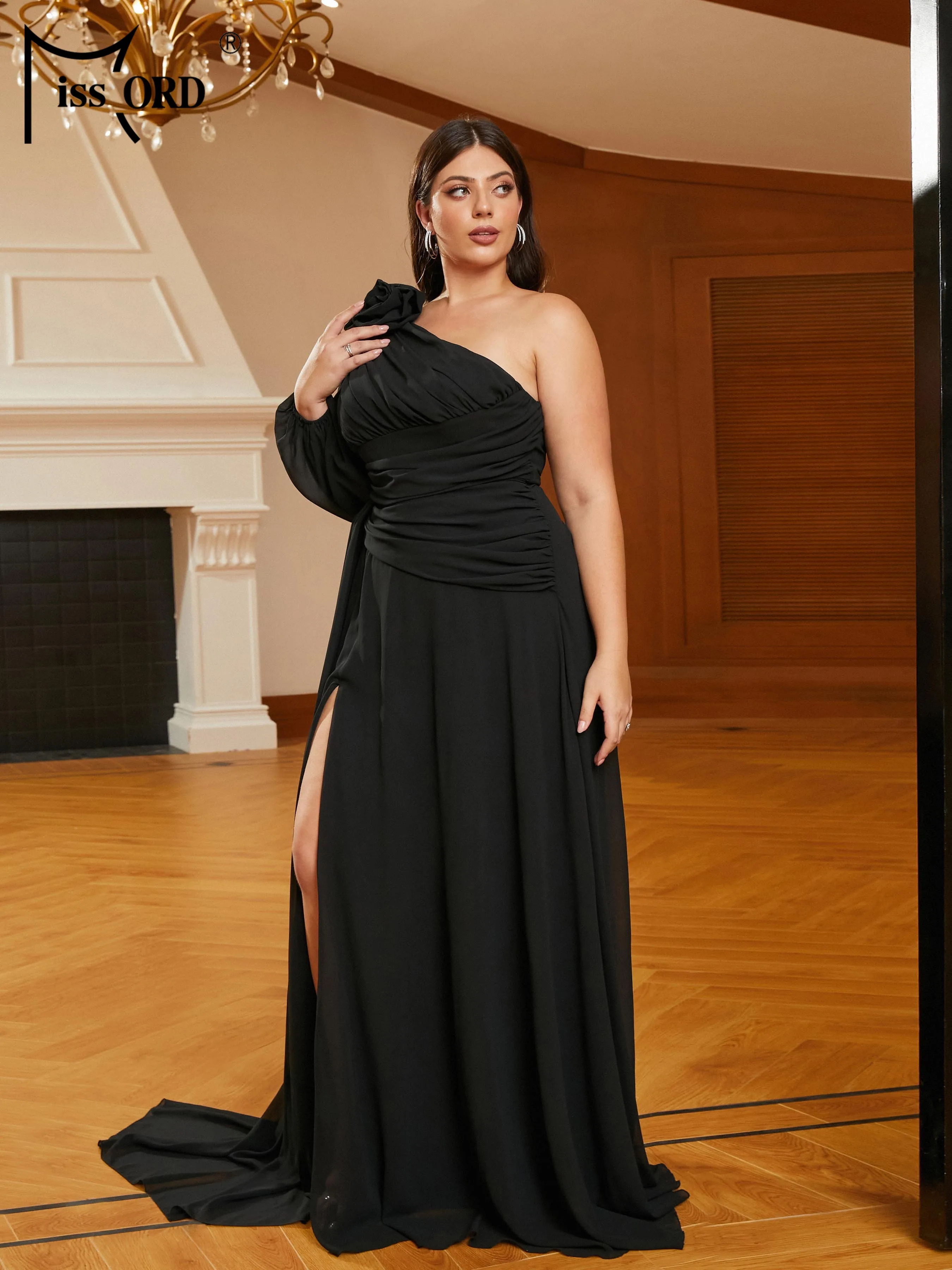 Falsche neue Plus Size schwarz Blumen geraffte eine Schulter A-Linie Abend Ballkleid