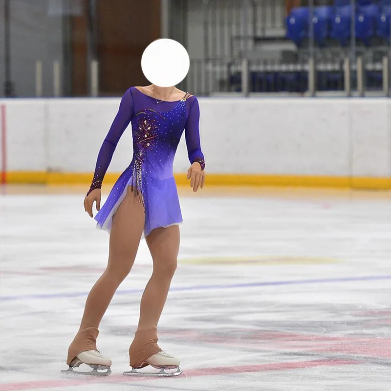 Vestido de patinaje artístico con borla de diamantes de imitación hecha a mano, gradiente púrpura para mujeres y niñas, ropa de patinaje de