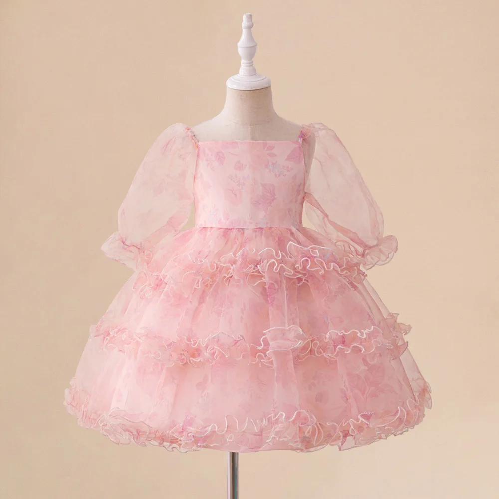 Girl Pink Flower Layered Dresses Baby Girls Summer Lace Dress Kids Fashion Evening Prom Gown Toddler Pageant Carnival Costume