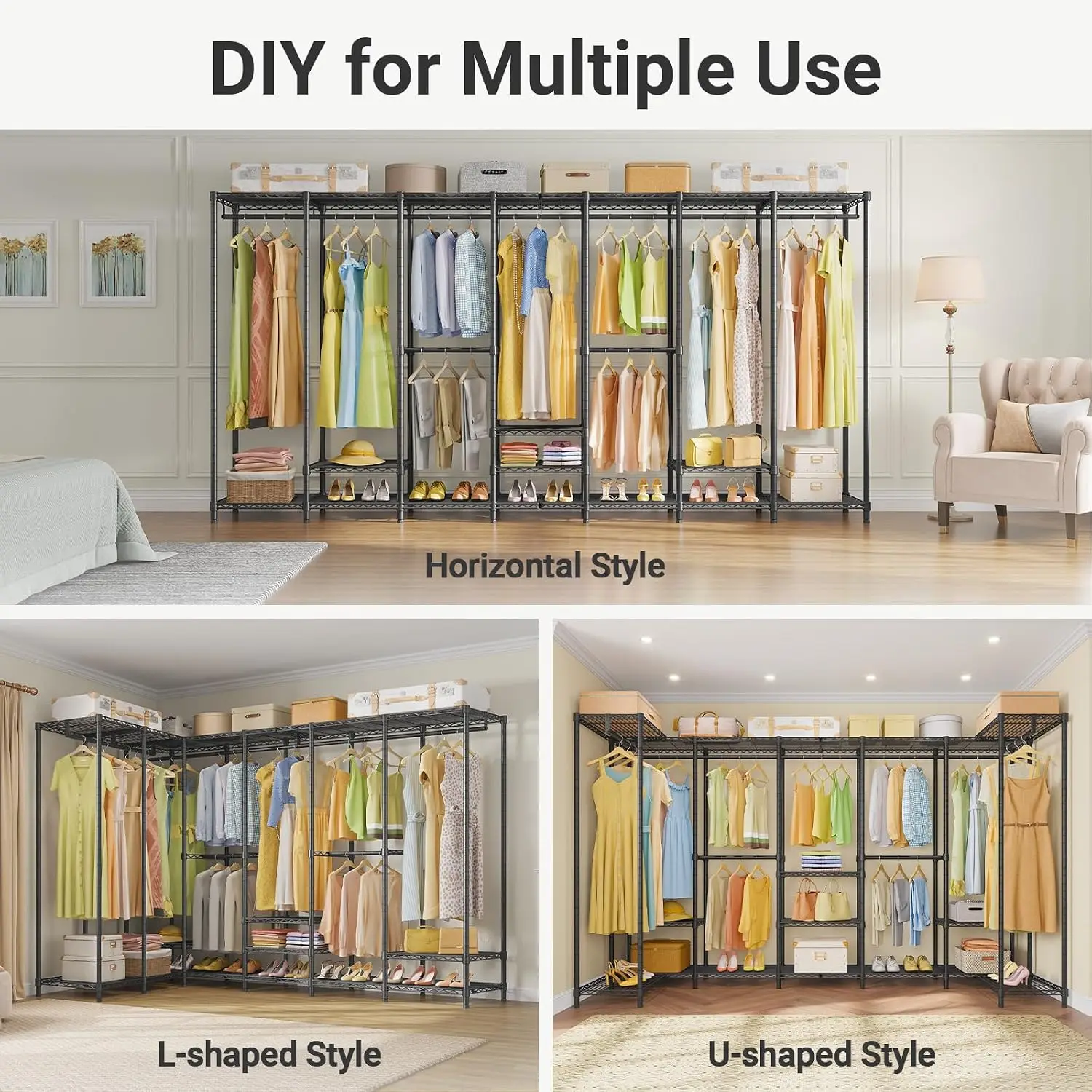 Heavy Duty Clothes Rack Extra Large Closet Organizer Black Metal Garment Storage Shelf Bedroom Wardrobe, Customized