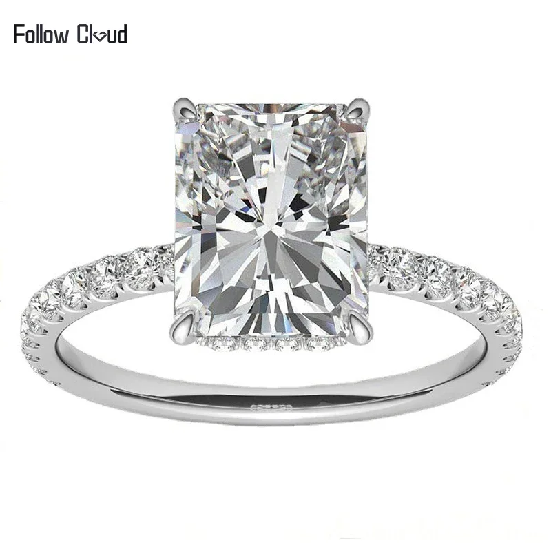 Follow Cloud 4ct Radiant Cut 8*10mm Moissanite Engagement 925 Sterling Silver Ring for Woman 4 Prong Classic Trendy Wedding Band