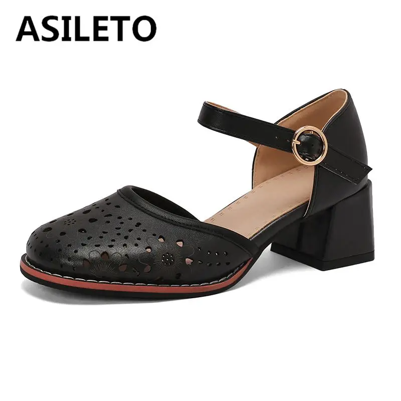 ASILETO Leisure Women Pumps Round Toe Chunky Heels 5.5cm Buckle Strap Hollow Plus Size 44 45 46 Soft Female Daily Shoes Spring