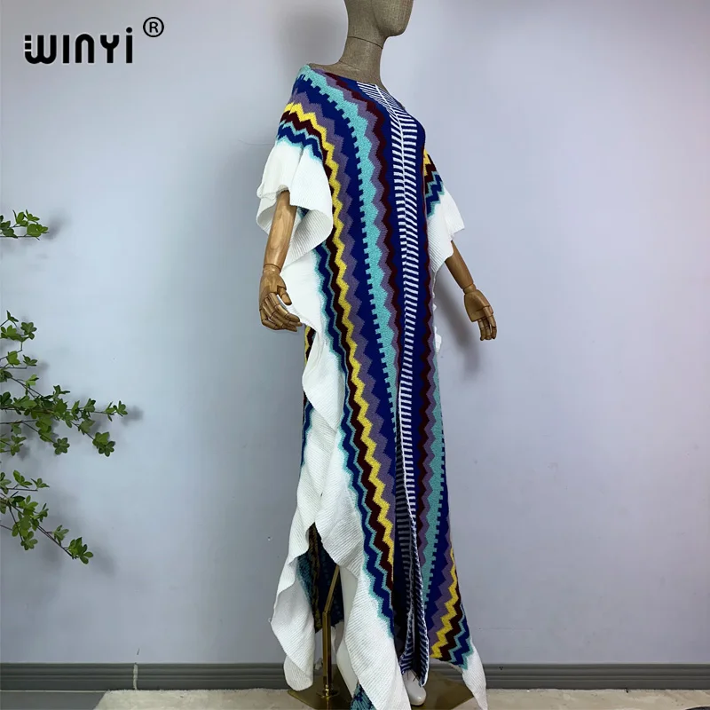 Sukienka WINYI dzianinowa z tęczowym nadrukiem, wygodna, ciepła, zimowa, świąteczna, elegancka, afrykańska, damska, w stylu boho, długa sukienka na imprezę, sukienka wieczorowa.