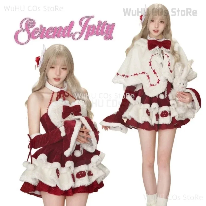 

Winter Kawaii Lolita Dress Sets Women Bow Hooded Shawl Short Jackets Plaid Patchwork Mini Dresses Korean Christmas Year Suita;k6