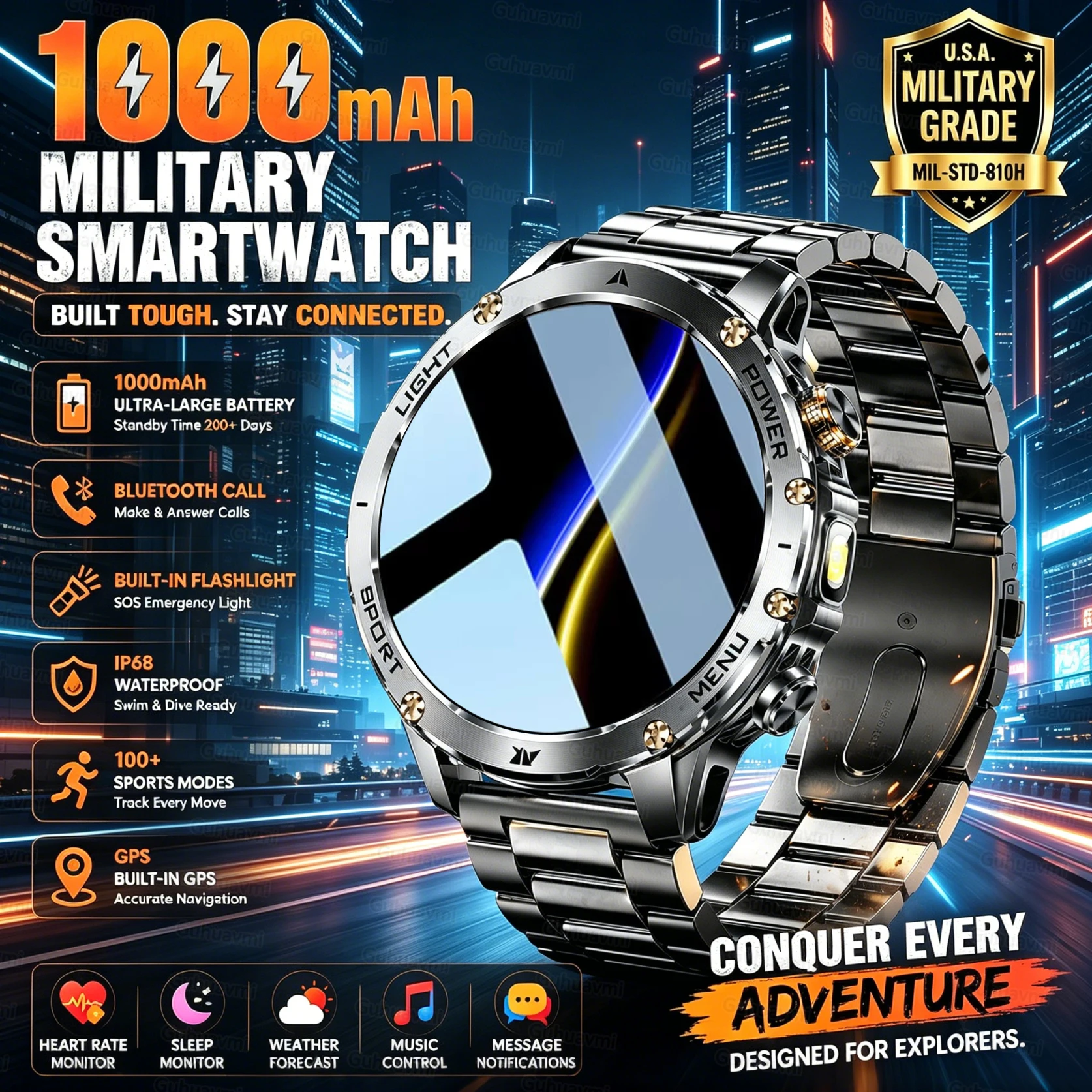 2026 Nouvelle batterie militaire 1000mAh montre intelligente hommes lampe de poche extérieure sports étanche fréquence cardiaque sommeil santé sports fitness suivi GPS bracelet bluetooth appel android ios homme montre cadeau